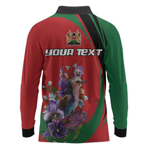 Personalized Afro Kenya Lilac Breasted Roller Long Sleeve Polo Shirt With Violet Flowers