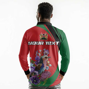 Personalized Afro Kenya Lilac Breasted Roller Long Sleeve Polo Shirt With Violet Flowers