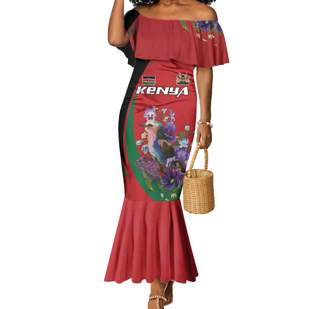 Personalized Afro Kenya Lilac Breasted Roller Mermaid Dress With Violet Flowers