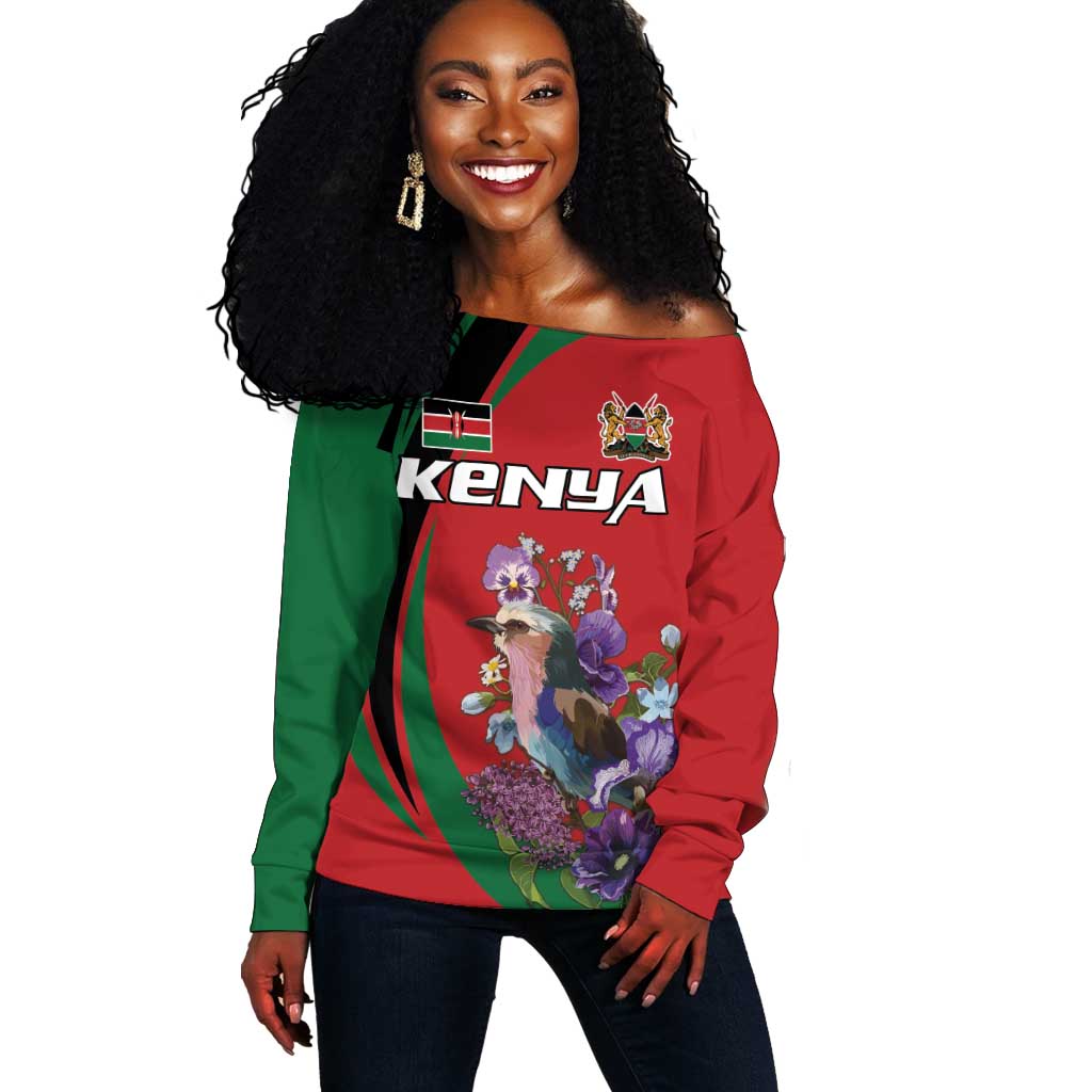 Personalized Afro Kenya Lilac Breasted Roller Off Shoulder Sweater With Violet Flowers