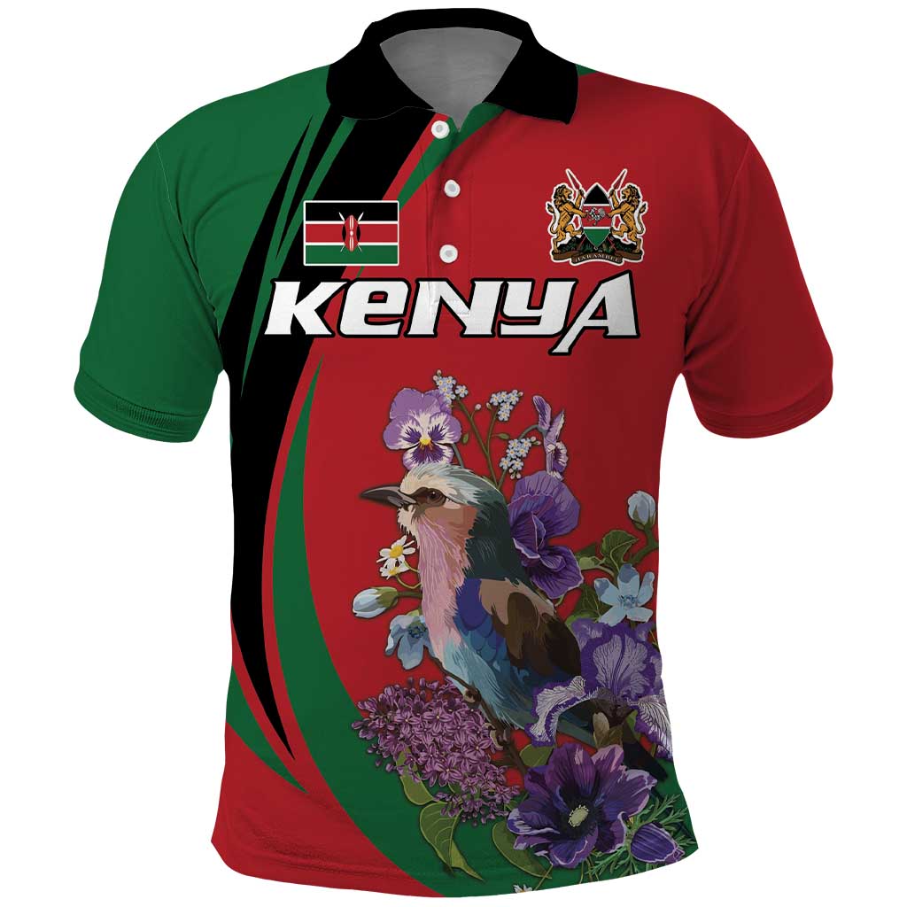 Personalized Afro Kenya Lilac Breasted Roller Polo Shirt With Violet Flowers