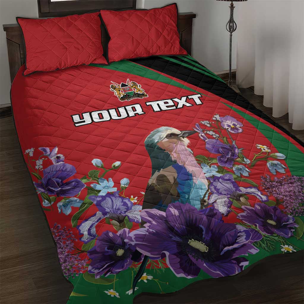 Personalized Afro Kenya Lilac Breasted Roller Quilt Bed Set With Violet Flowers