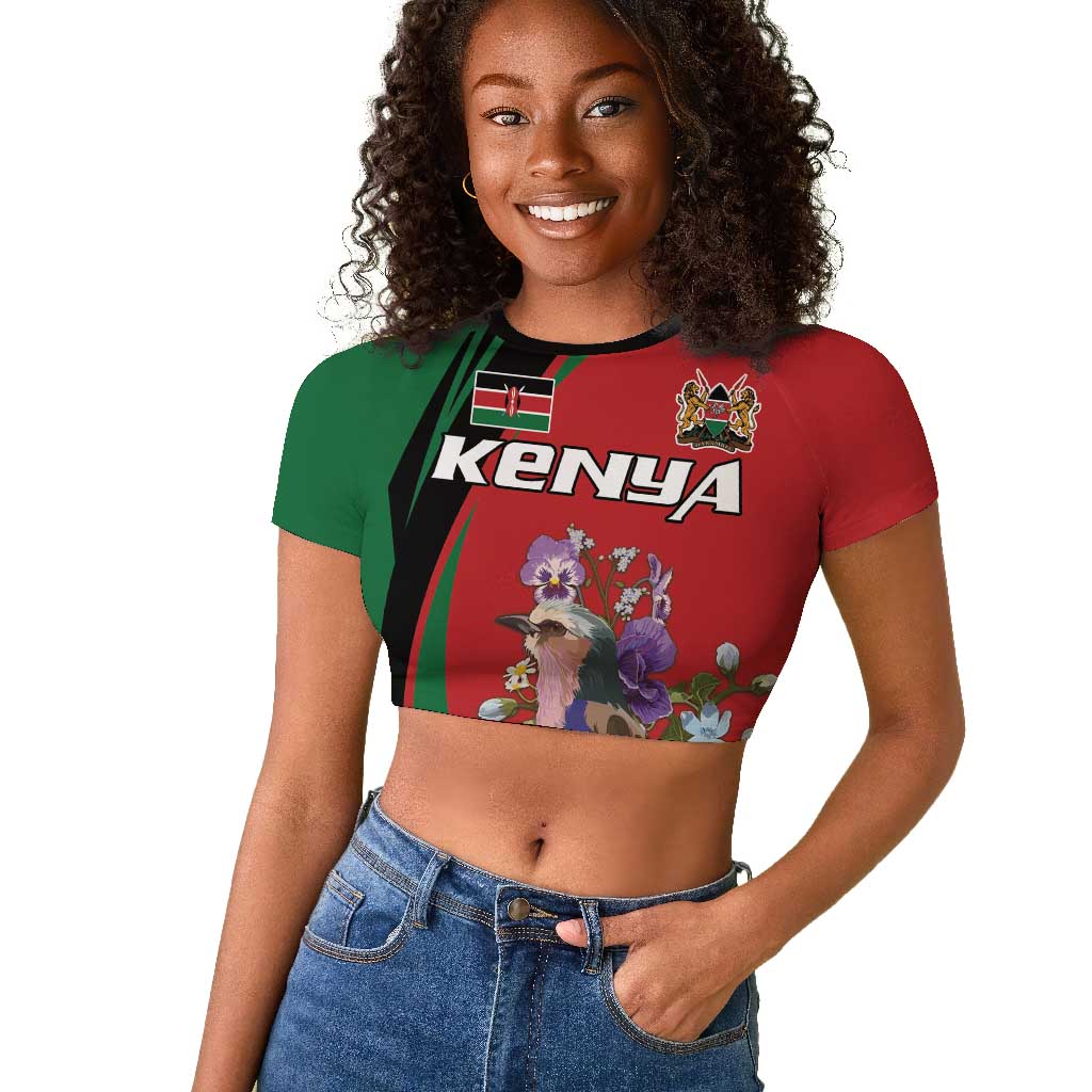 Personalized Afro Kenya Lilac Breasted Roller Raglan Cropped T shirt With Violet Flowers