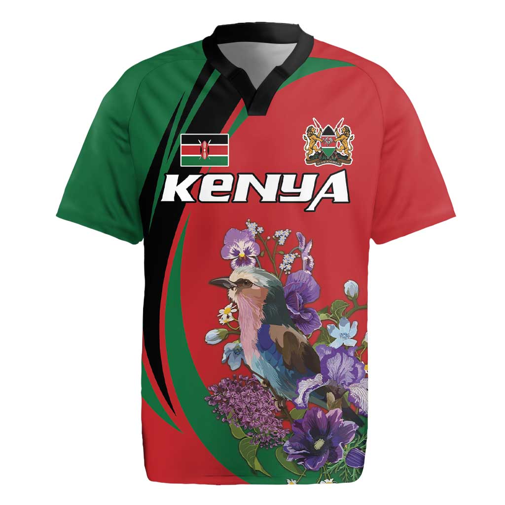 Personalized Afro Kenya Lilac Breasted Roller Rugby Jersey With Violet Flowers