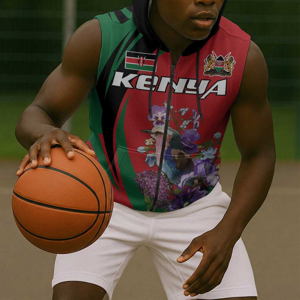 Personalized Afro Kenya Lilac Breasted Roller Sleeveless Zip Hoodie With Violet Flowers - African Pride