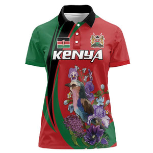 Personalized Afro Kenya Lilac Breasted Roller Women Polo Shirt With Violet Flowers