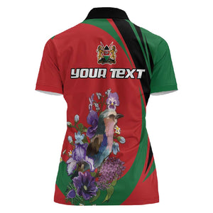 Personalized Afro Kenya Lilac Breasted Roller Women Polo Shirt With Violet Flowers