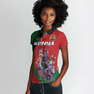 Personalized Afro Kenya Lilac Breasted Roller Women Polo Shirt With Violet Flowers