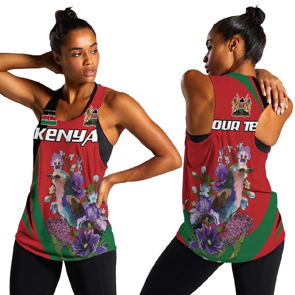 Personalized Afro Kenya Lilac Breasted Roller Women Racerback Tank With Violet Flowers