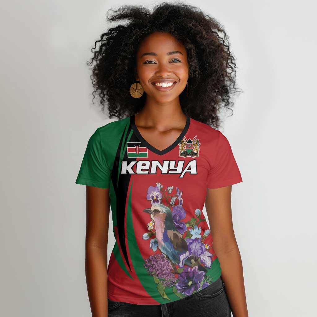 Personalized Afro Kenya Lilac Breasted Roller Women V-Neck T-Shirt With Violet Flowers