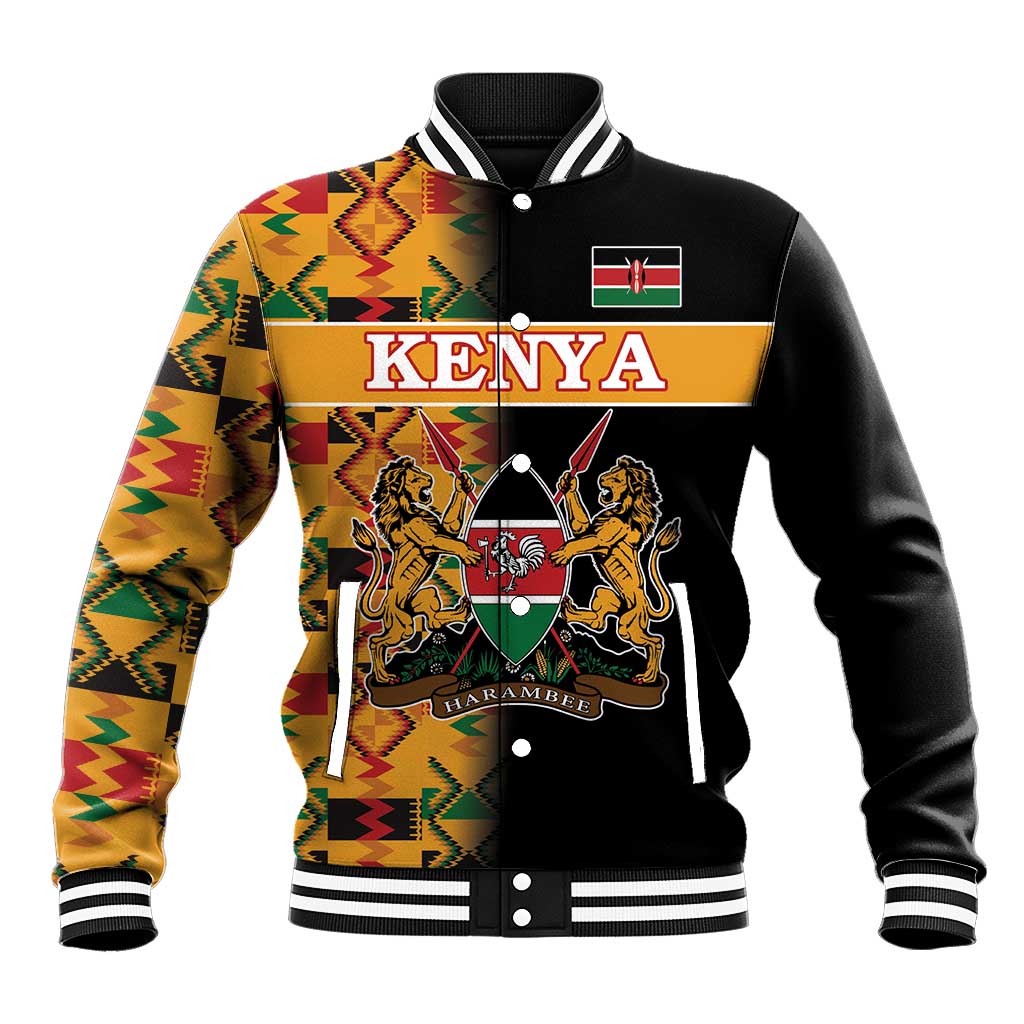 Custom Afro Kenya Coat Of Arms Baseball Jacket With Kente Patterns LT18