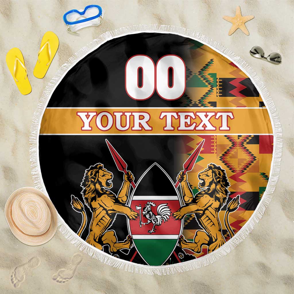 Custom Afro Kenya Coat Of Arms Beach Blanket With Kente Patterns