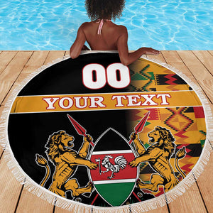 Custom Afro Kenya Coat Of Arms Beach Blanket With Kente Patterns