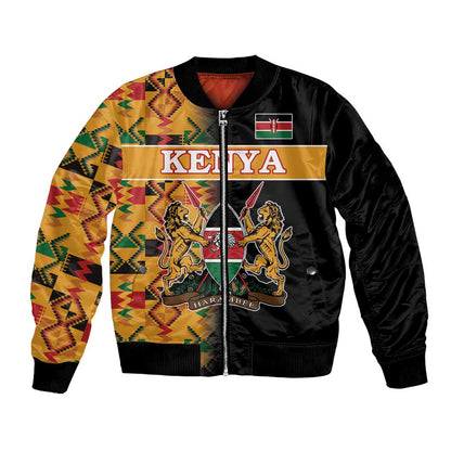 Custom Afro Kenya Coat Of Arms Bomber Jacket With Kente Patterns