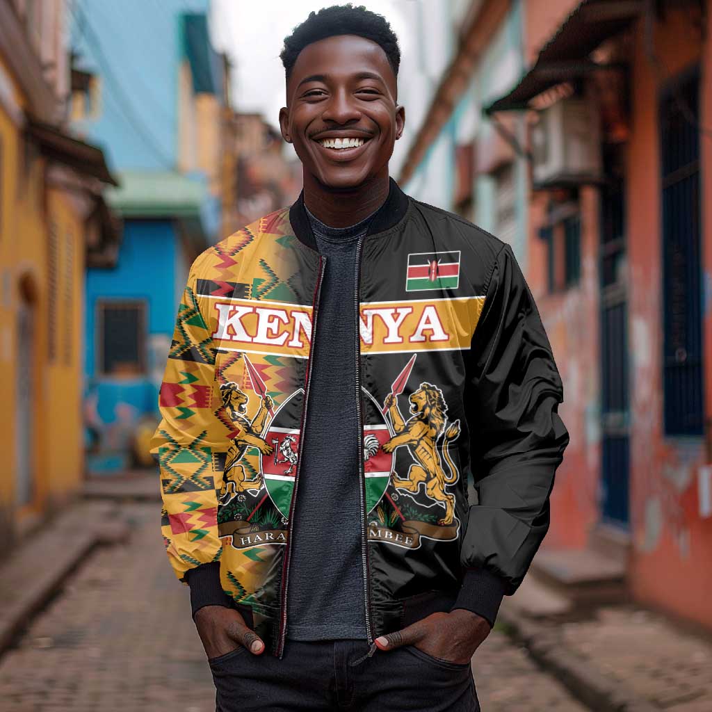 Custom Afro Kenya Coat Of Arms Bomber Jacket With Kente Patterns