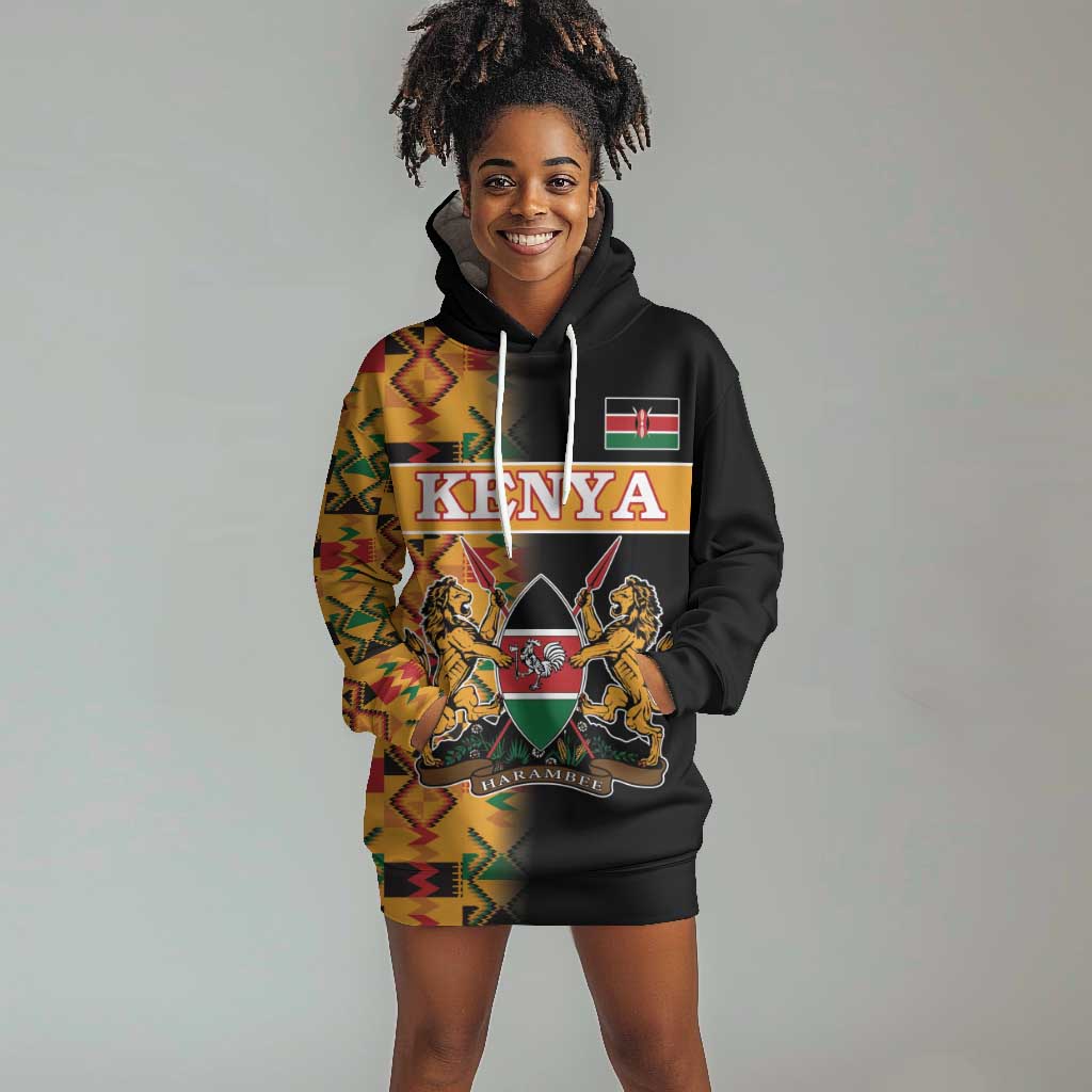 Custom Afro Kenya Coat Of Arms Hoodie Dress With Kente Patterns