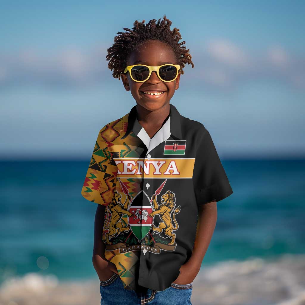 Custom Afro Kenya Coat Of Arms Kid Hawaiian Shirt With Kente Patterns