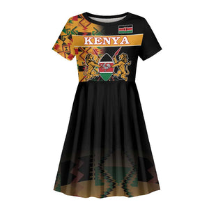 Custom Afro Kenya Coat Of Arms Kid Short Sleeve Dress With Kente Patterns