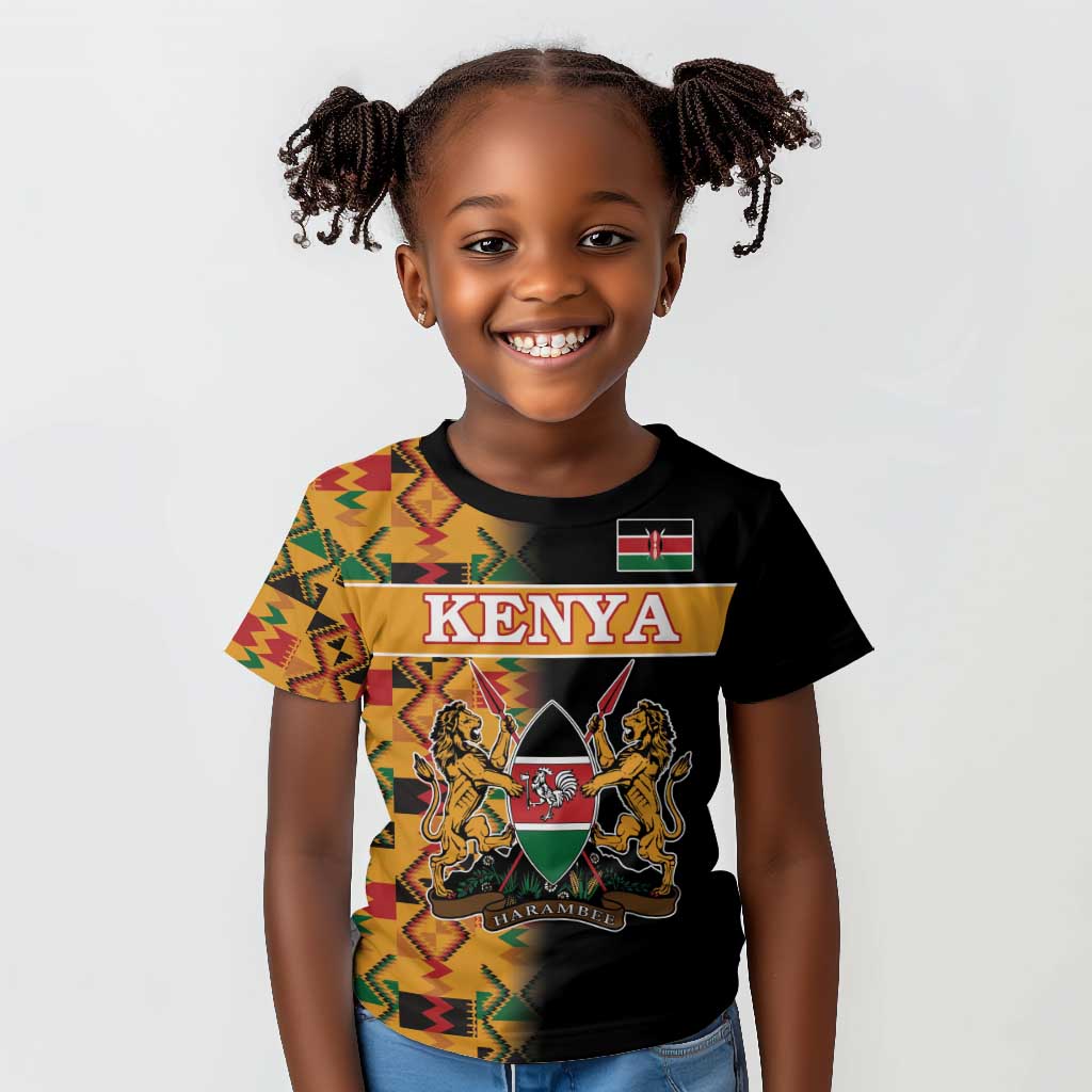 Custom Afro Kenya Coat Of Arms Kid T shirt With Kente Patterns