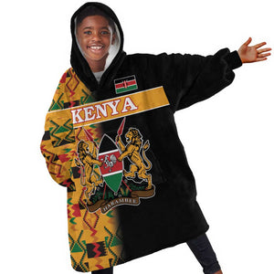 Custom Afro Kenya Coat Of Arms KId Wearable Blanket Hoodie With Kente Patterns