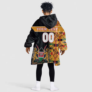 Custom Afro Kenya Coat Of Arms KId Wearable Blanket Hoodie With Kente Patterns