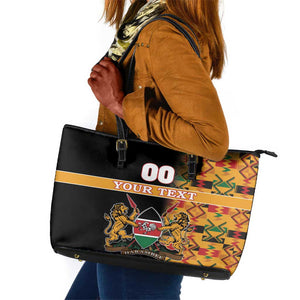 Custom Afro Kenya Coat Of Arms Leather Tote Bag With Kente Patterns