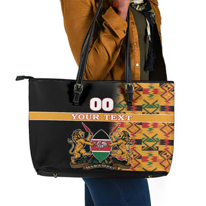 Custom Afro Kenya Coat Of Arms Leather Tote Bag With Kente Patterns