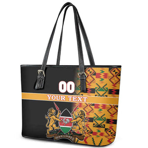 Custom Afro Kenya Coat Of Arms Leather Tote Bag With Kente Patterns