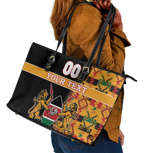 Custom Afro Kenya Coat Of Arms Leather Tote Bag With Kente Patterns