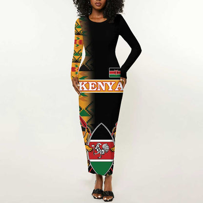 Custom Afro Kenya Coat Of Arms Long Sleeve Bodycon Dress With Kente Patterns LT18