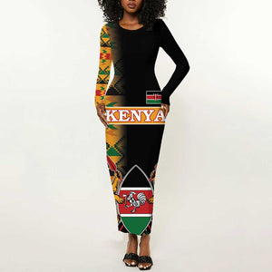 Custom Afro Kenya Coat Of Arms Long Sleeve Bodycon Dress With Kente Patterns