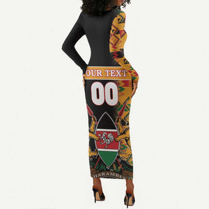 Custom Afro Kenya Coat Of Arms Long Sleeve Bodycon Dress With Kente Patterns