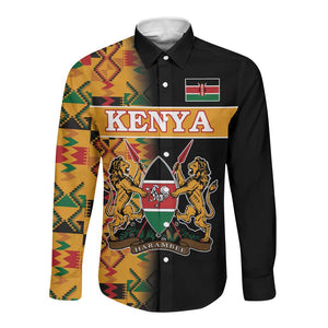 Custom Afro Kenya Coat Of Arms Long Sleeve Button Shirt With Kente Patterns