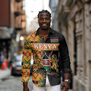 Custom Afro Kenya Coat Of Arms Long Sleeve Button Shirt With Kente Patterns