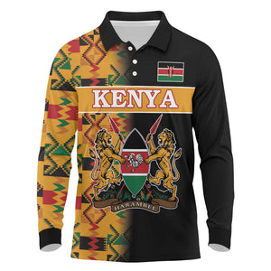 Custom Afro Kenya Coat Of Arms Long Sleeve Polo Shirt With Kente Patterns