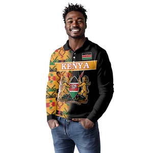 Custom Afro Kenya Coat Of Arms Long Sleeve Polo Shirt With Kente Patterns