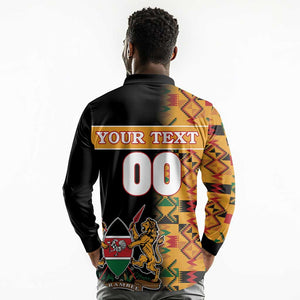 Custom Afro Kenya Coat Of Arms Long Sleeve Polo Shirt With Kente Patterns