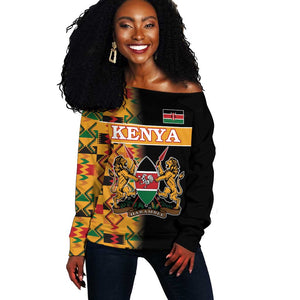 Custom Afro Kenya Coat Of Arms Off Shoulder Sweater With Kente Patterns