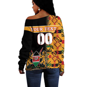 Custom Afro Kenya Coat Of Arms Off Shoulder Sweater With Kente Patterns