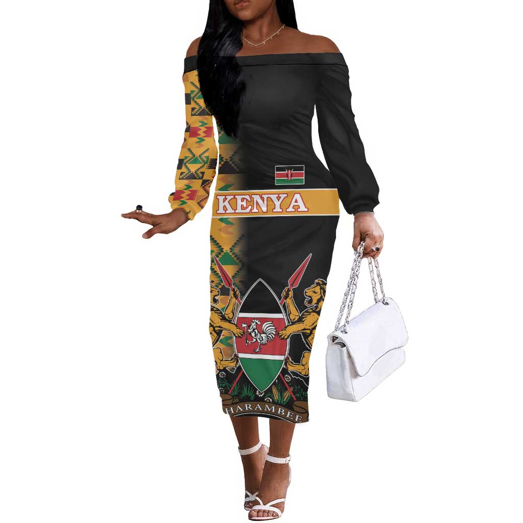 Custom Afro Kenya Coat Of Arms Off The Shoulder Long Sleeve Dress With Kente Patterns