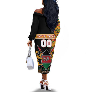 Custom Afro Kenya Coat Of Arms Off The Shoulder Long Sleeve Dress With Kente Patterns