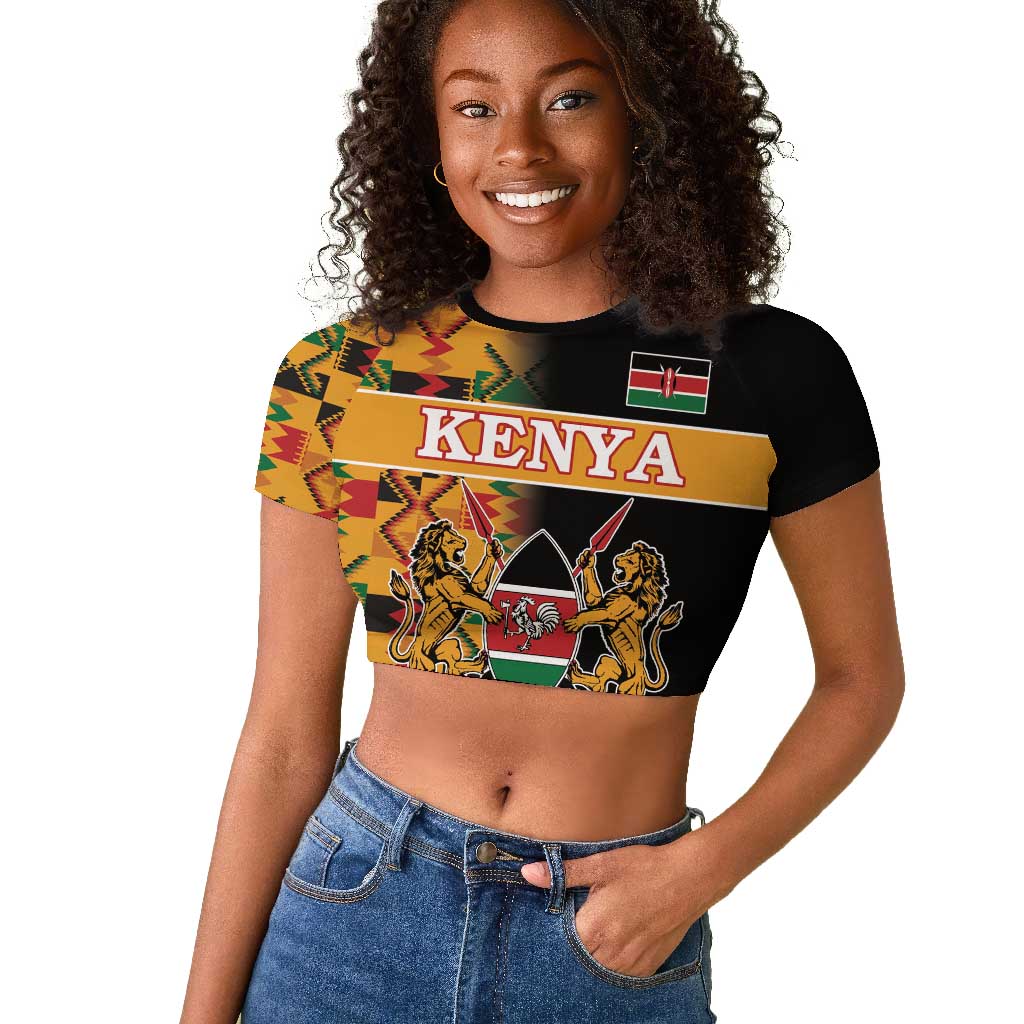 Custom Afro Kenya Coat Of Arms Raglan Cropped T shirt With Kente Patterns