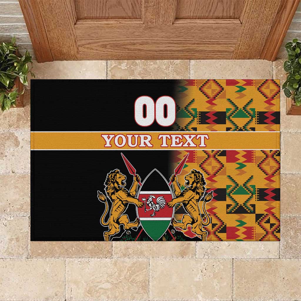 Custom Afro Kenya Coat Of Arms Rubber Doormat With Kente Patterns