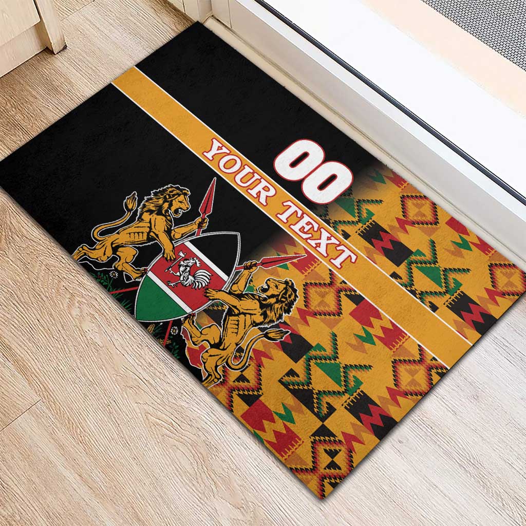 Custom Afro Kenya Coat Of Arms Rubber Doormat With Kente Patterns