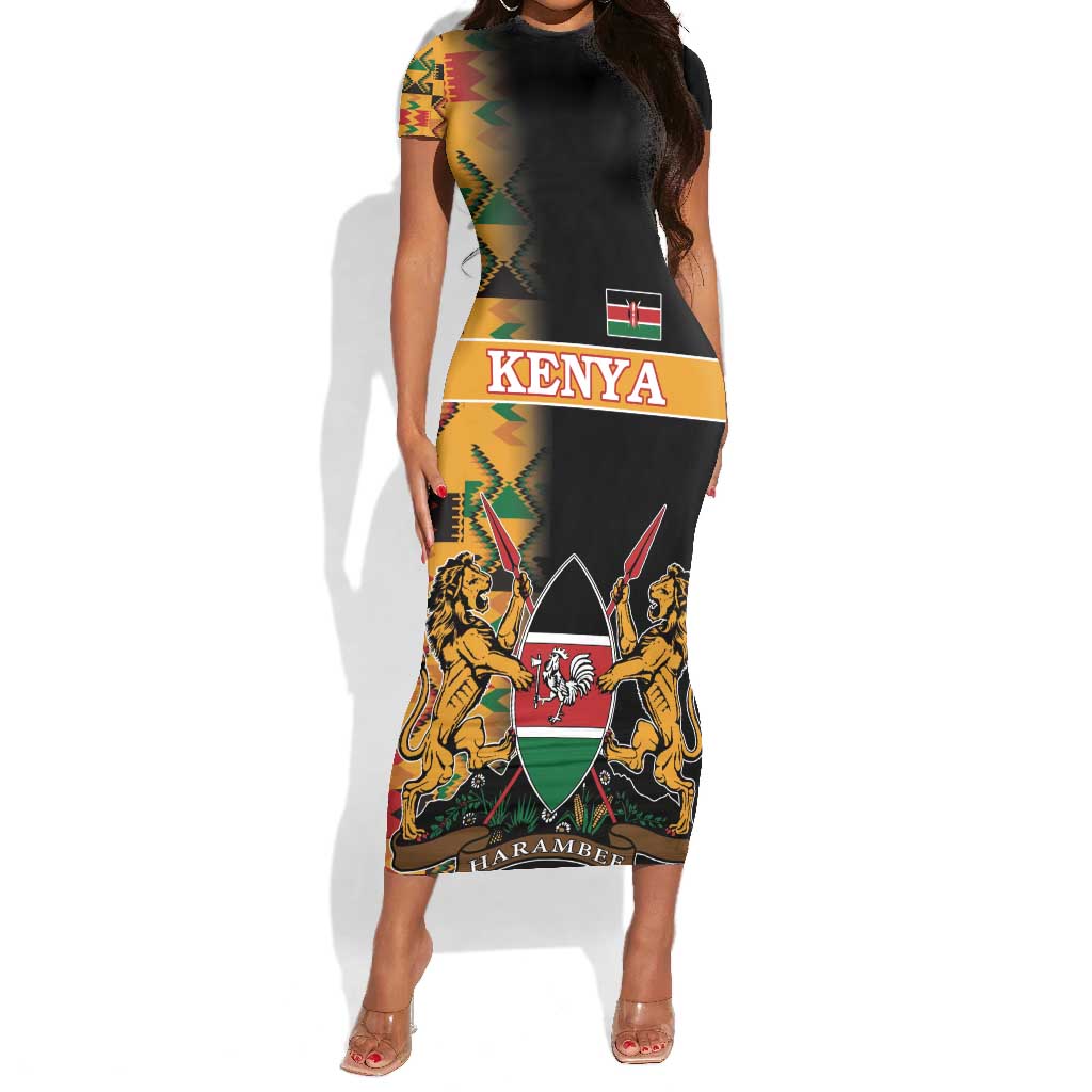 Custom Afro Kenya Coat Of Arms Short Sleeve Bodycon Dress With Kente Patterns