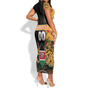 Custom Afro Kenya Coat Of Arms Short Sleeve Bodycon Dress With Kente Patterns