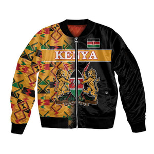 Custom Afro Kenya Coat Of Arms Sleeve Zip Bomber Jacket With Kente Patterns