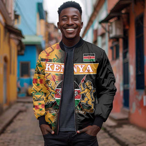 Custom Afro Kenya Coat Of Arms Sleeve Zip Bomber Jacket With Kente Patterns