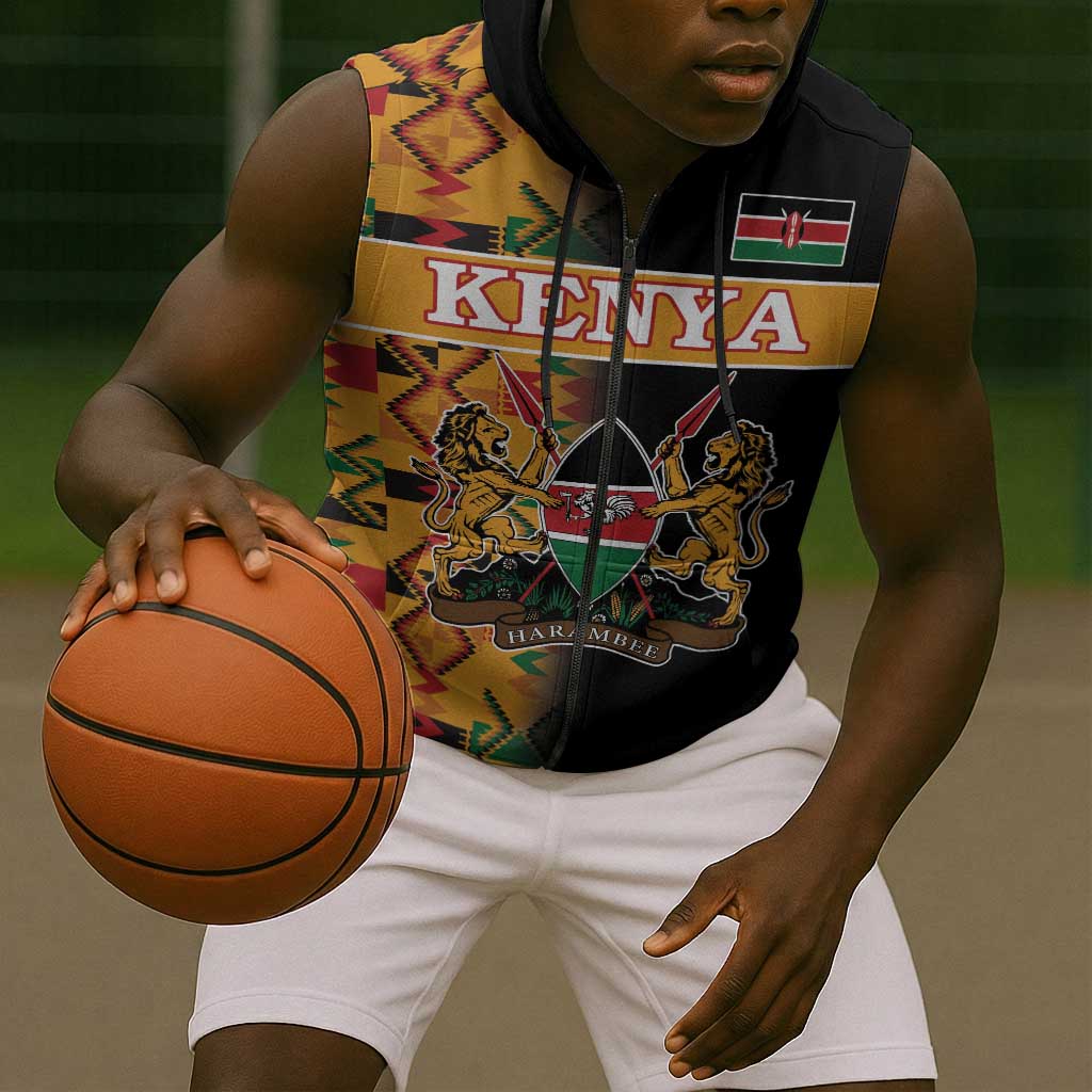 Custom Afro Kenya Coat Of Arms Sleeveless Zip Hoodie With Kente Patterns - African Pride