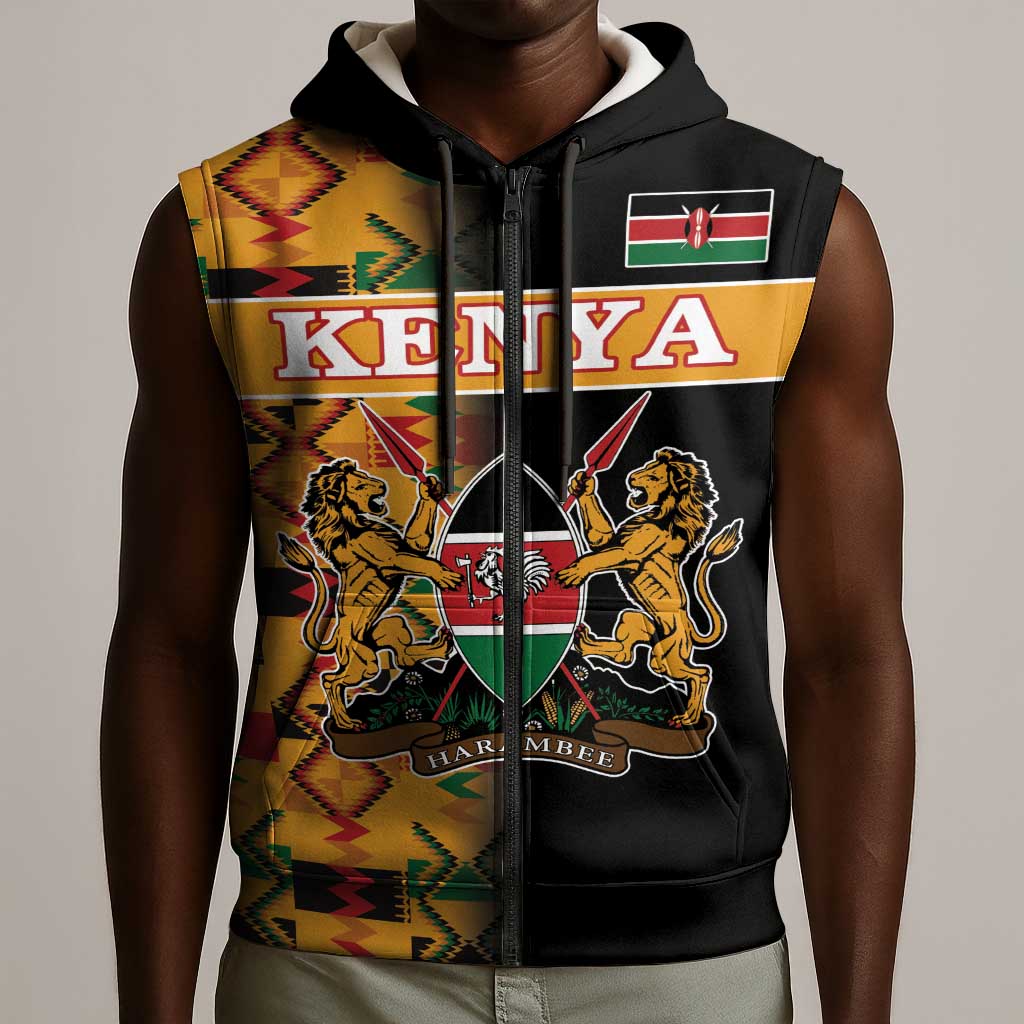 Custom Afro Kenya Coat Of Arms Sleeveless Zip Hoodie With Kente Patterns - African Pride